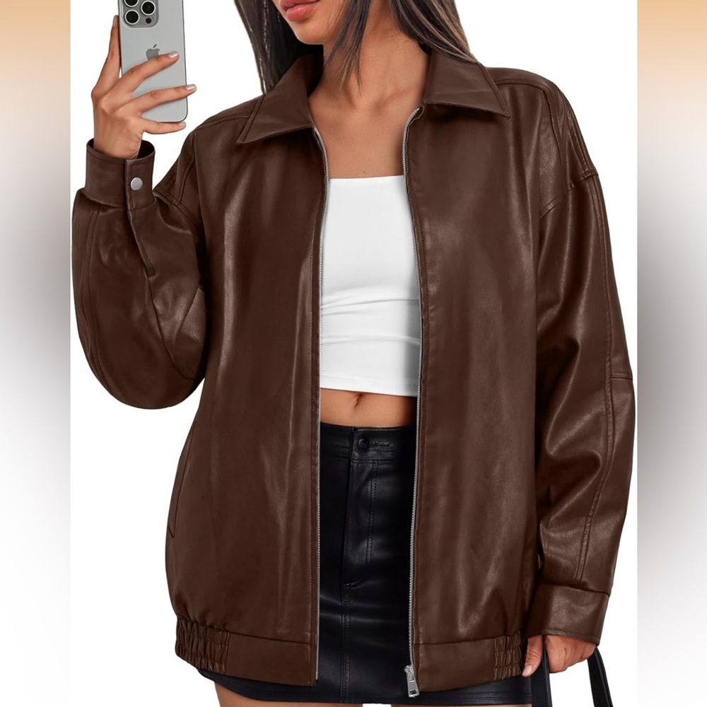 Women's Brown Faux Leather Zip-Front Jacket